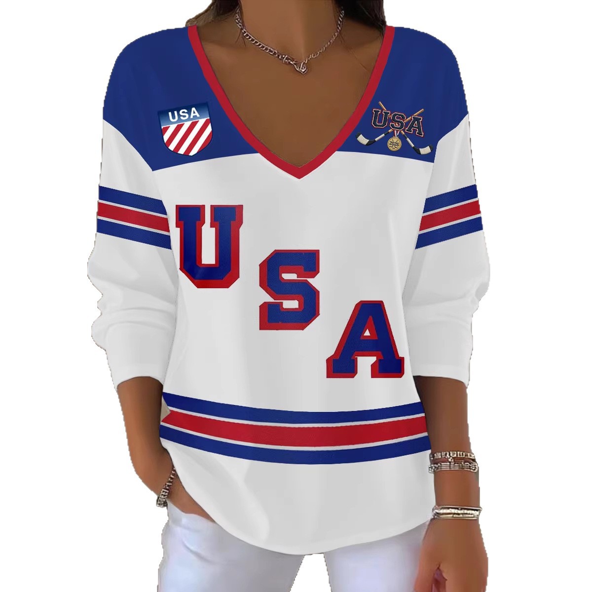 Women's V-Neck Long Sleeve Ice Hockey Graphic T-Shirt