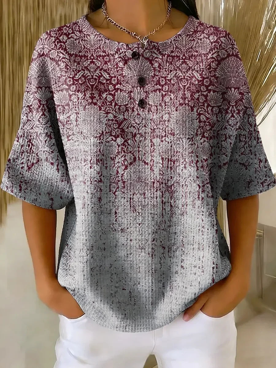 Floral Plaid Print Crewneck Short Sleeve Button Top