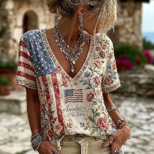 American Flag Floral Print V-Neck Short Sleeve Women's T-Shirt