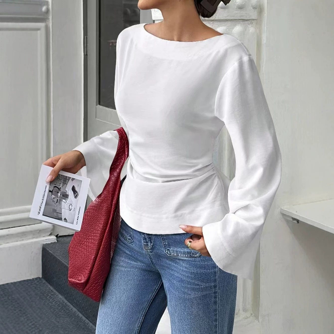 Solid Color Boat Neck Flared Sleeve Cinched Waist Long Sleeve Top