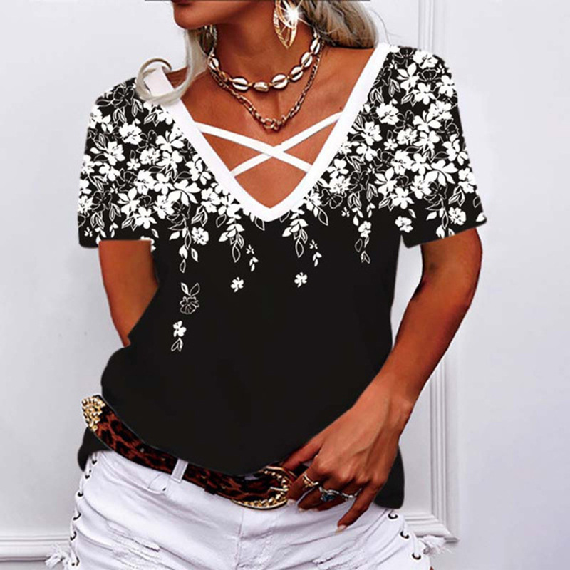 Women's Loose V-Neck Geometric Print Long-Sleeve T-Shirt