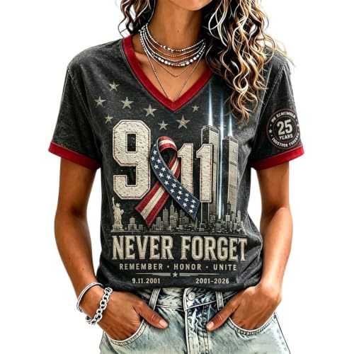 Twin Towers Anniversary Print V-Neck Short Sleeve Women's T-Shirt