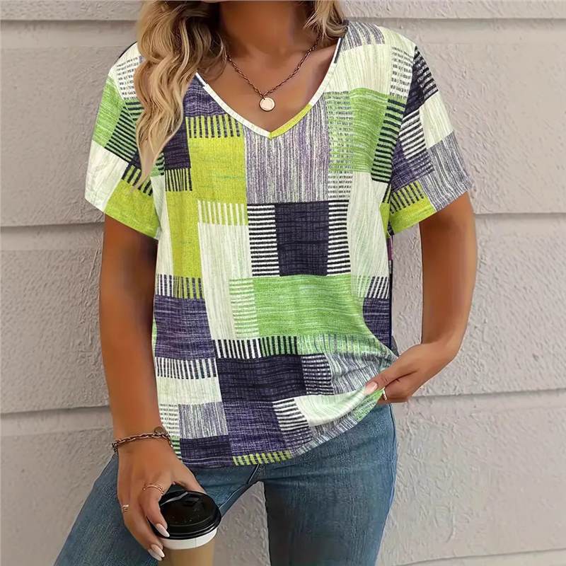 Women's Square Print V-Neck Short Sleeve T-Shirt