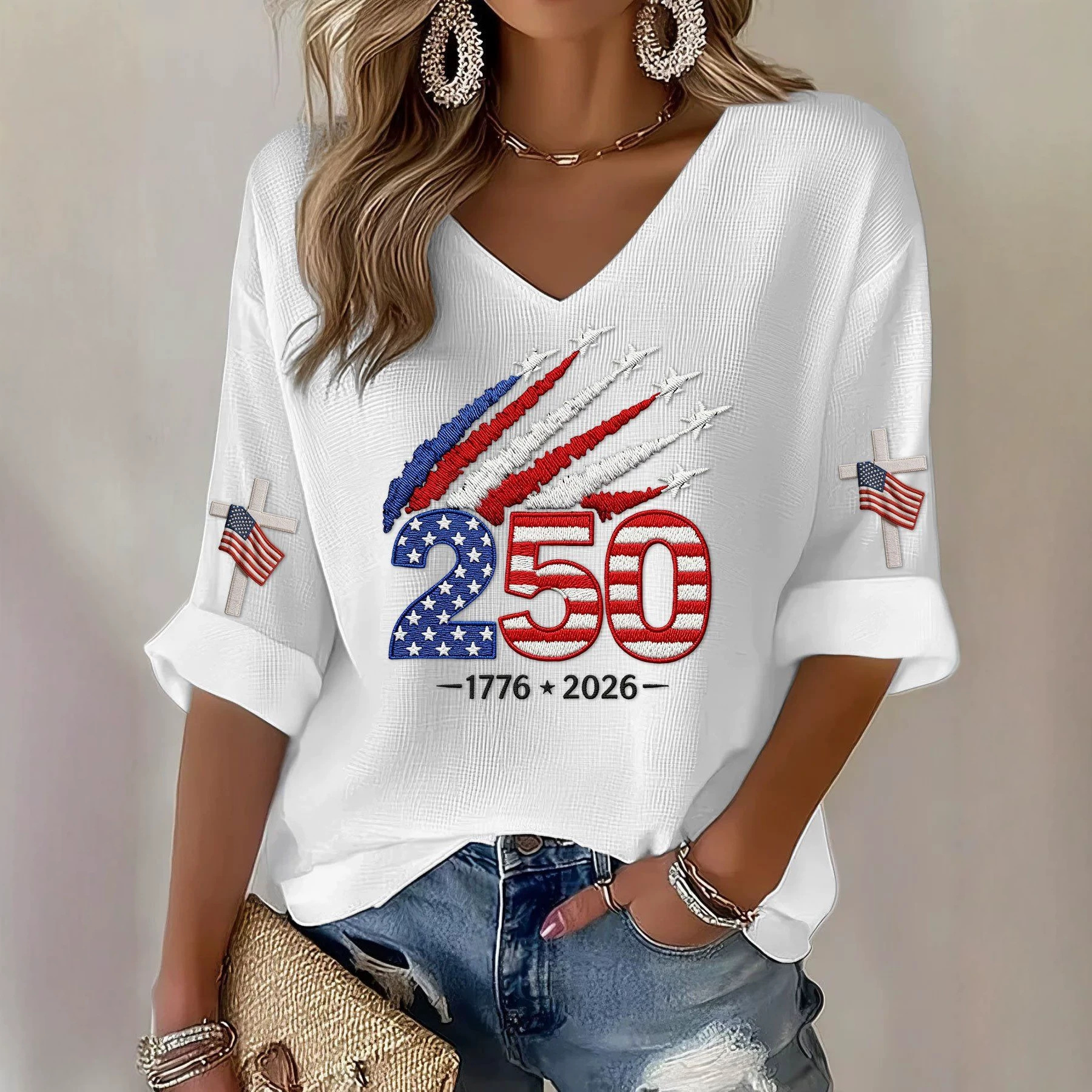 USA 250th Anniversary Print V-Neck Half-Sleeve Women's Top