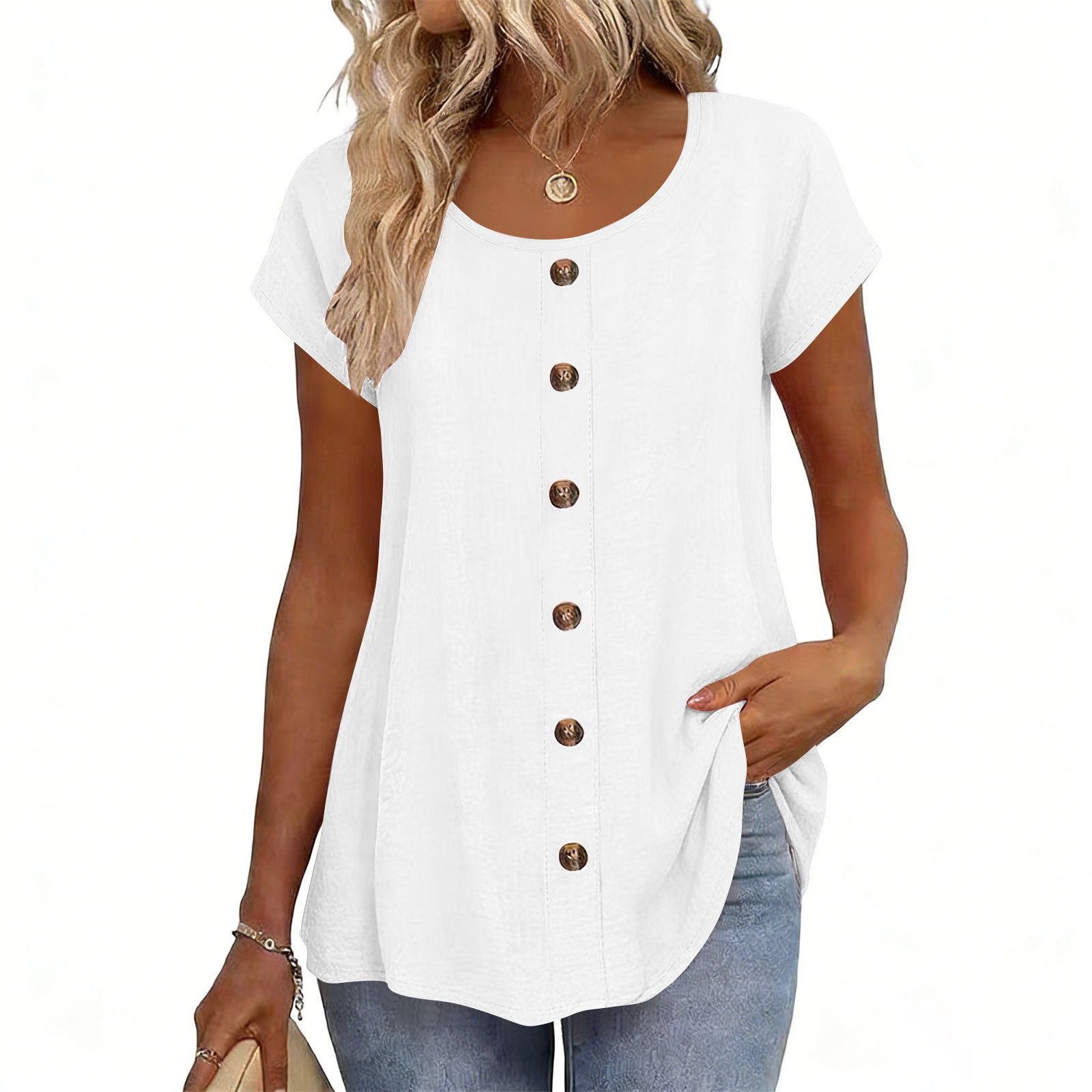 Elegant Button-Trim Solid Short-Sleeve Crewneck T-Shirt