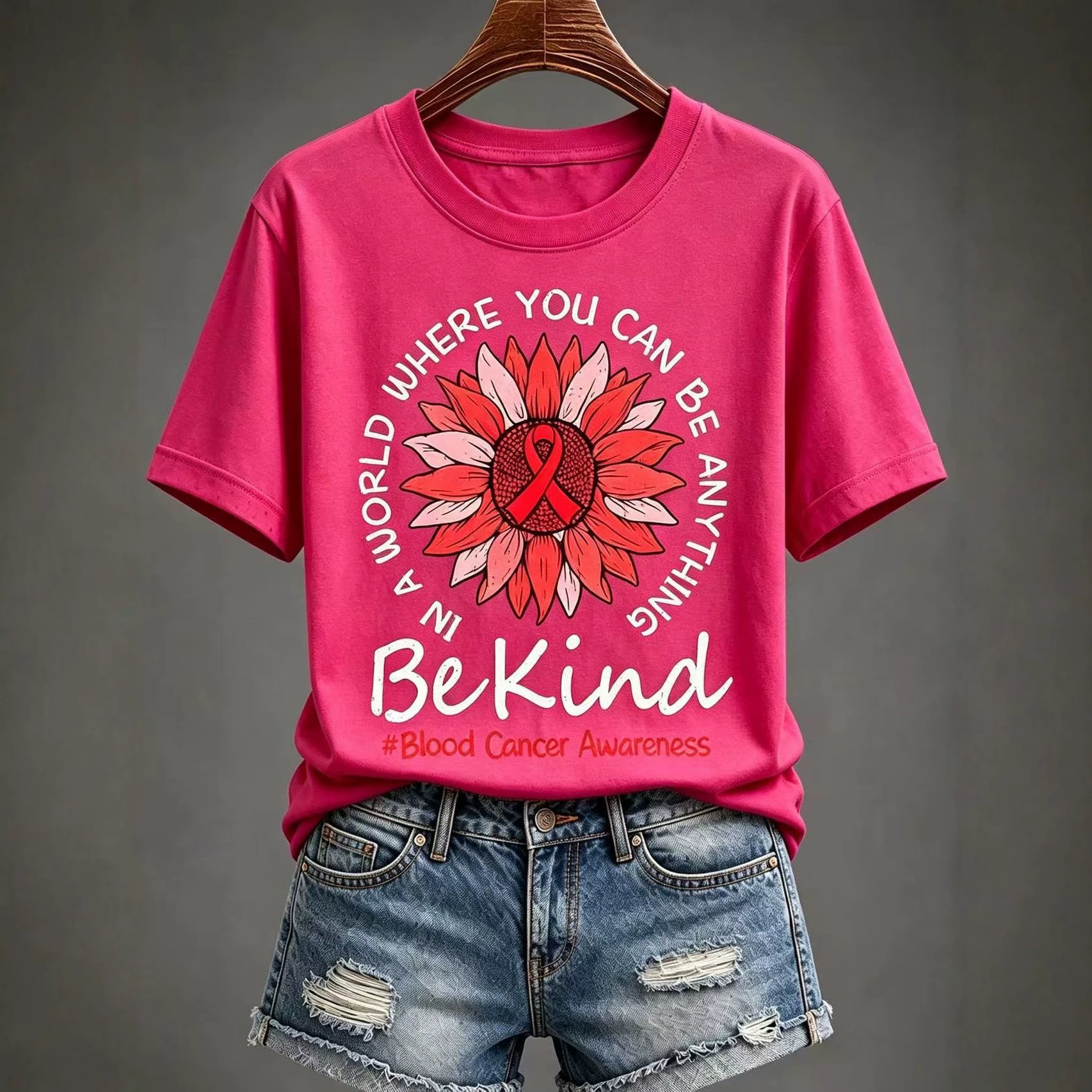 Sunflower Red Ribbon Letter Print Women's V-Neck Short Sleeve T-Shirt
