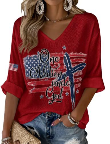 American Flag Letter Print V-Neck Half-Sleeve T-Shirt for Women