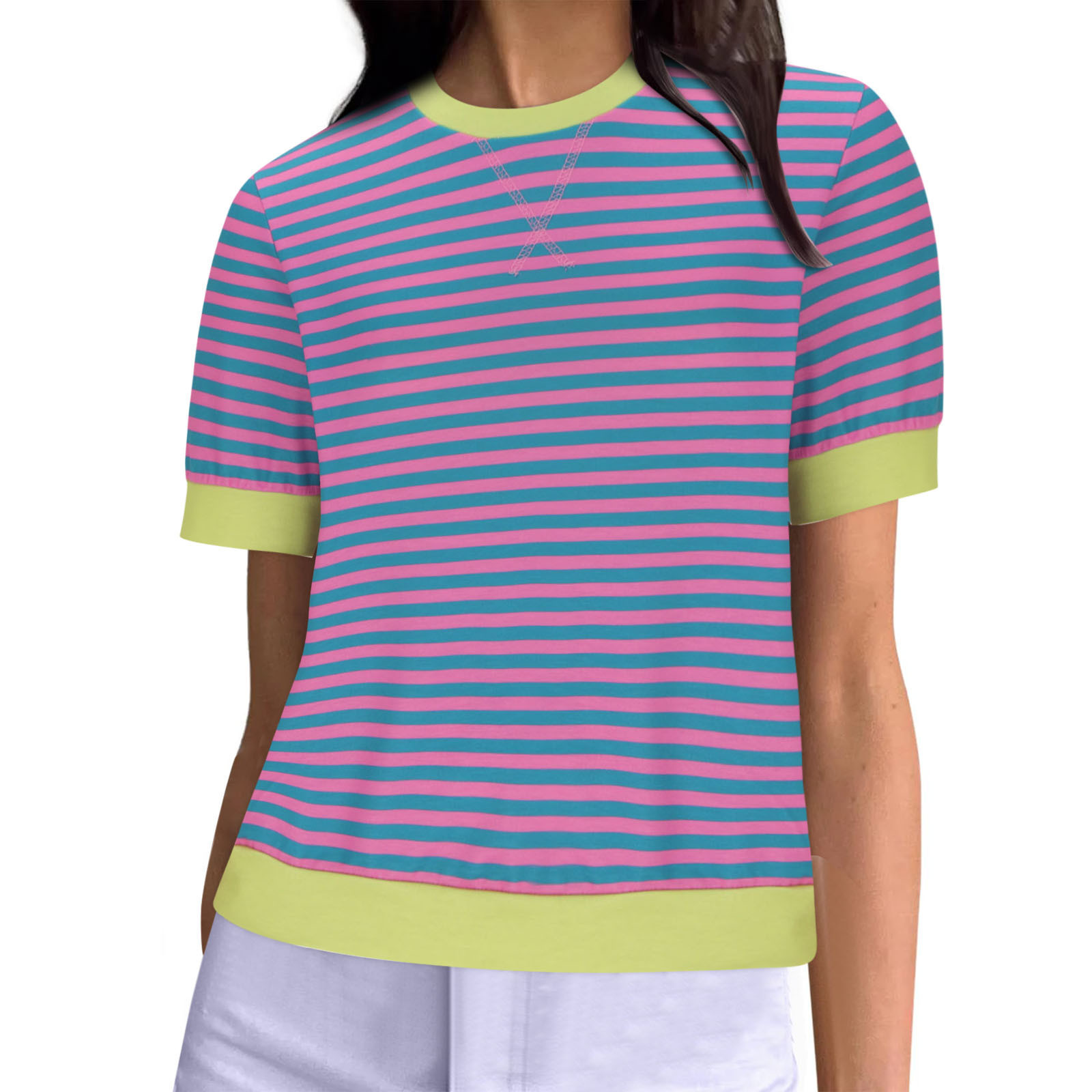 Striped Color-Block Cuff Short-Sleeve Crewneck T-Shirt