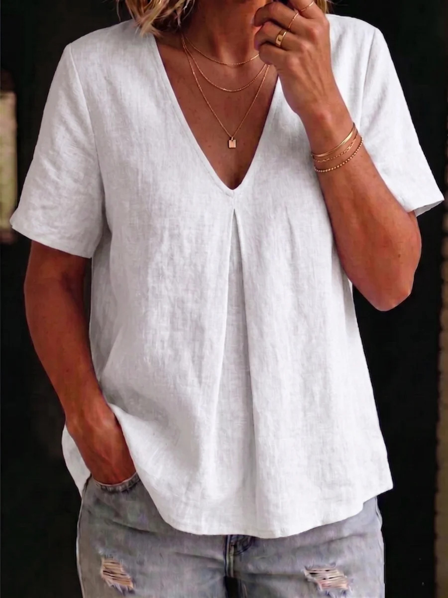 Cotton-Linen V-Neck Short-Sleeve Loose Fit Top for Women