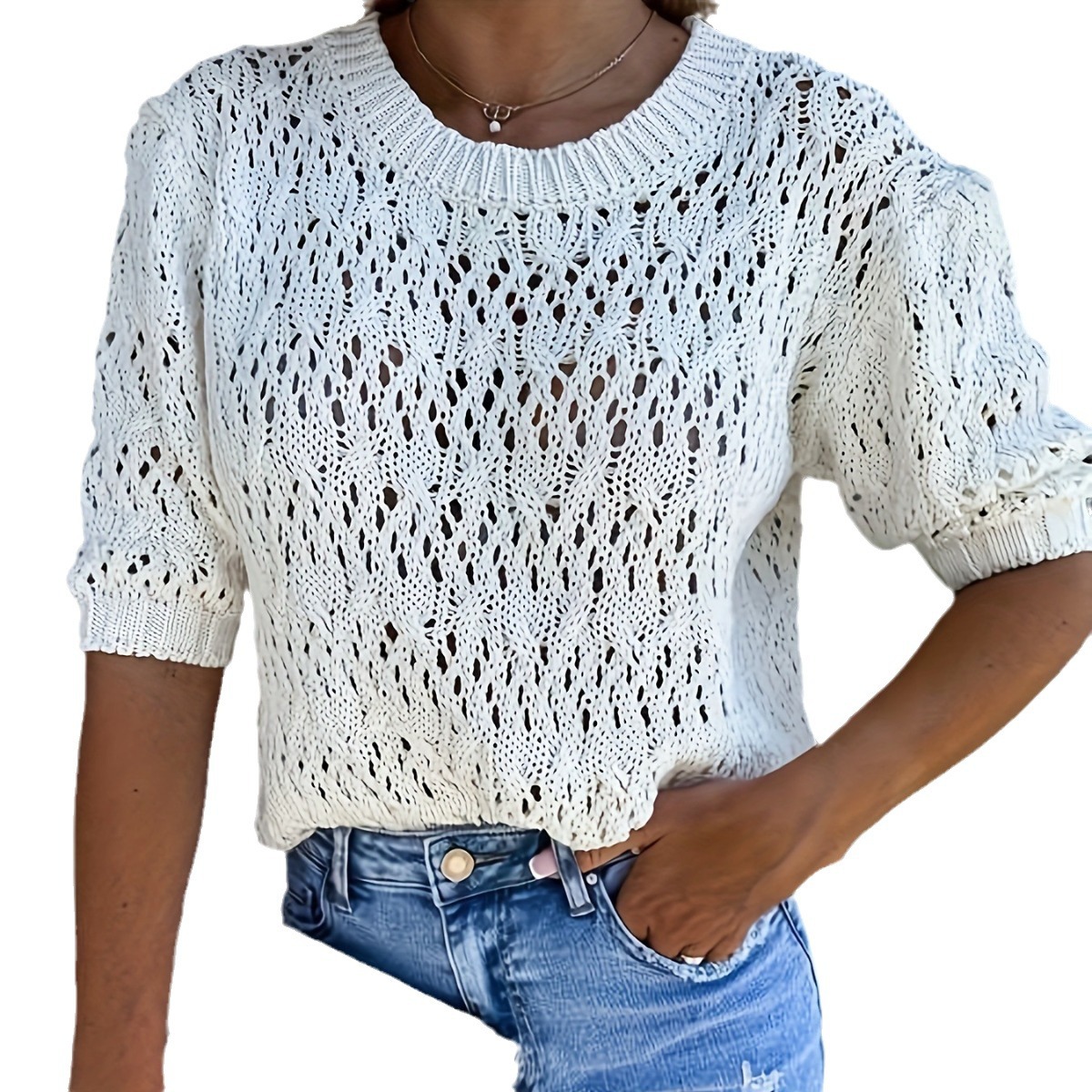 Women's Hollow-Out Knit Sweater Top Short Sleeve Crew Neck Casual Vacation