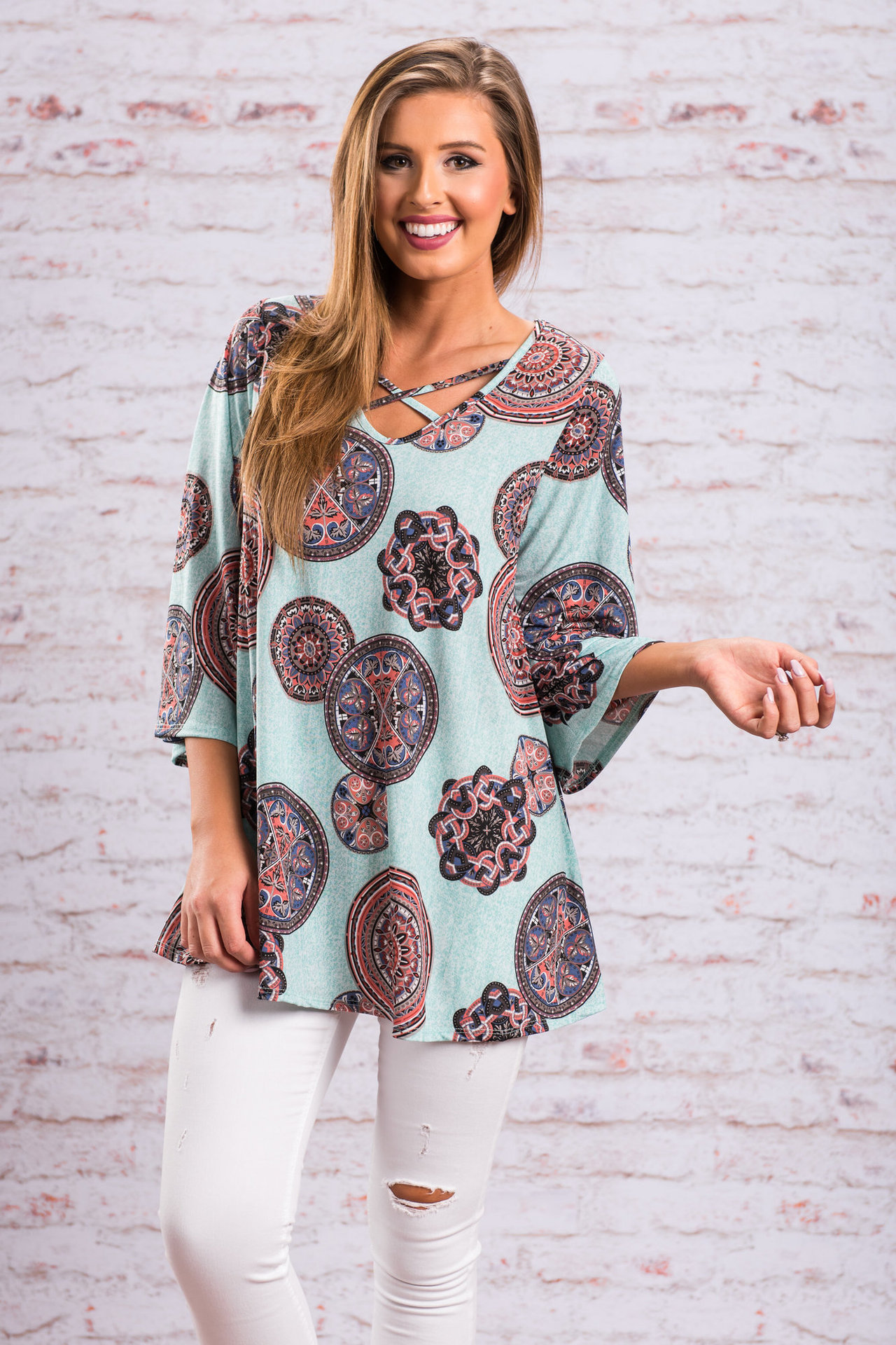 Women's Loose V-Neck Cross Print T-Shirt Top