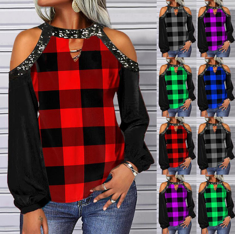 Women's Plaid Print Cold-Shoulder Long-Sleeve T-Shirt