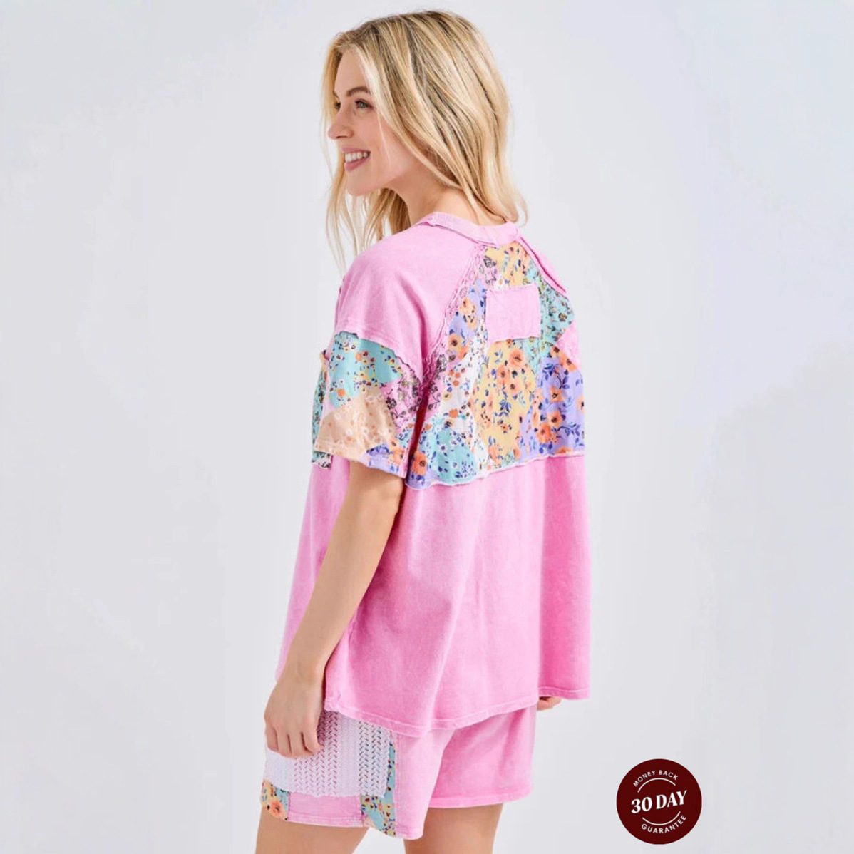 Women's Casual Floral Patchwork Short Sleeve Crew Neck T-Shirt