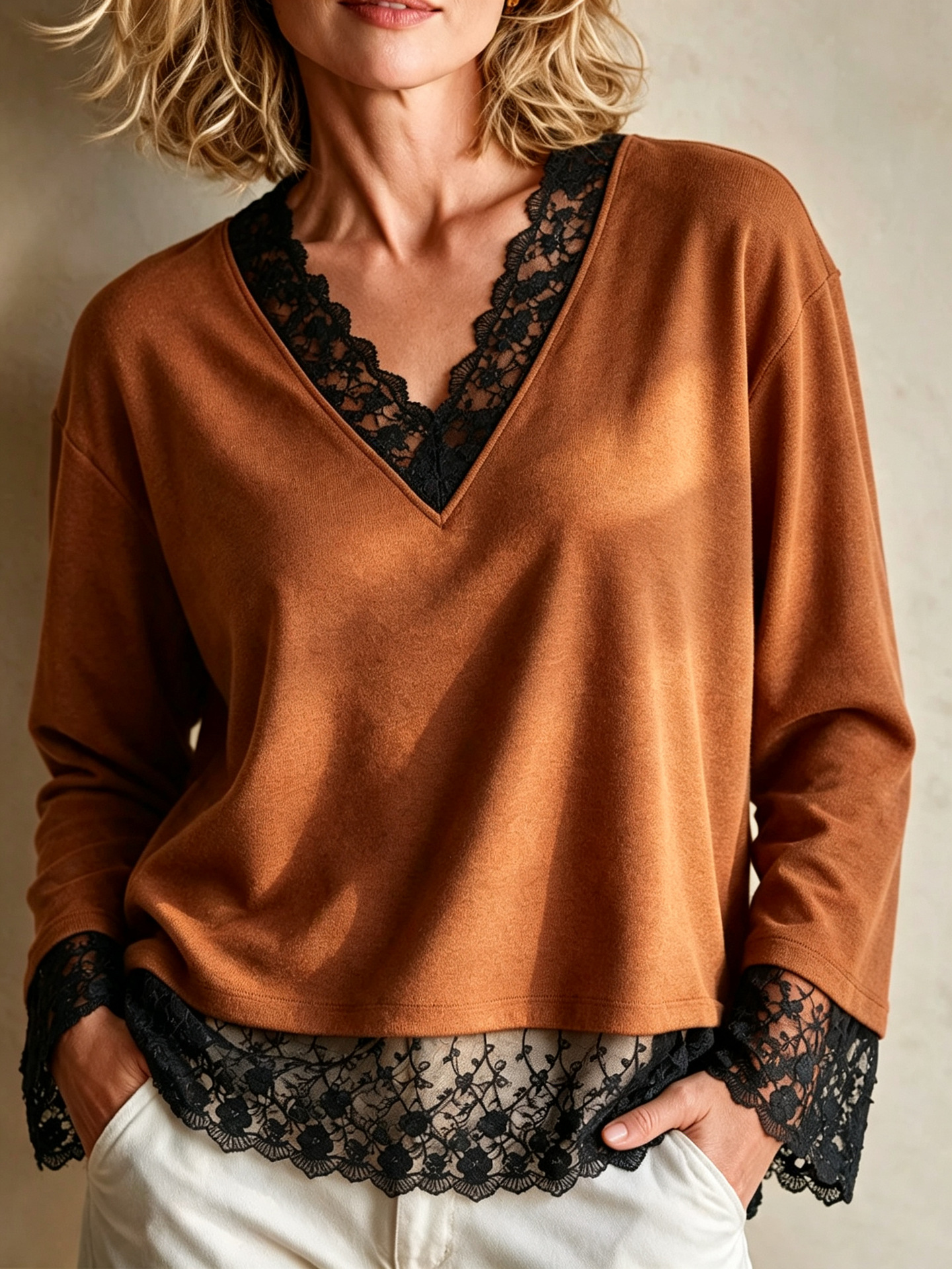 Women's Lace Spliced V-Neck Long-Sleeve Top