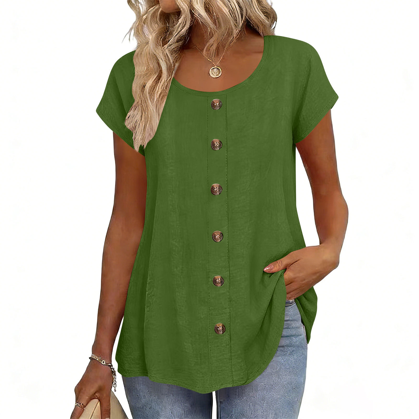 Elegant Button-Trim Solid Short-Sleeve Crewneck T-Shirt