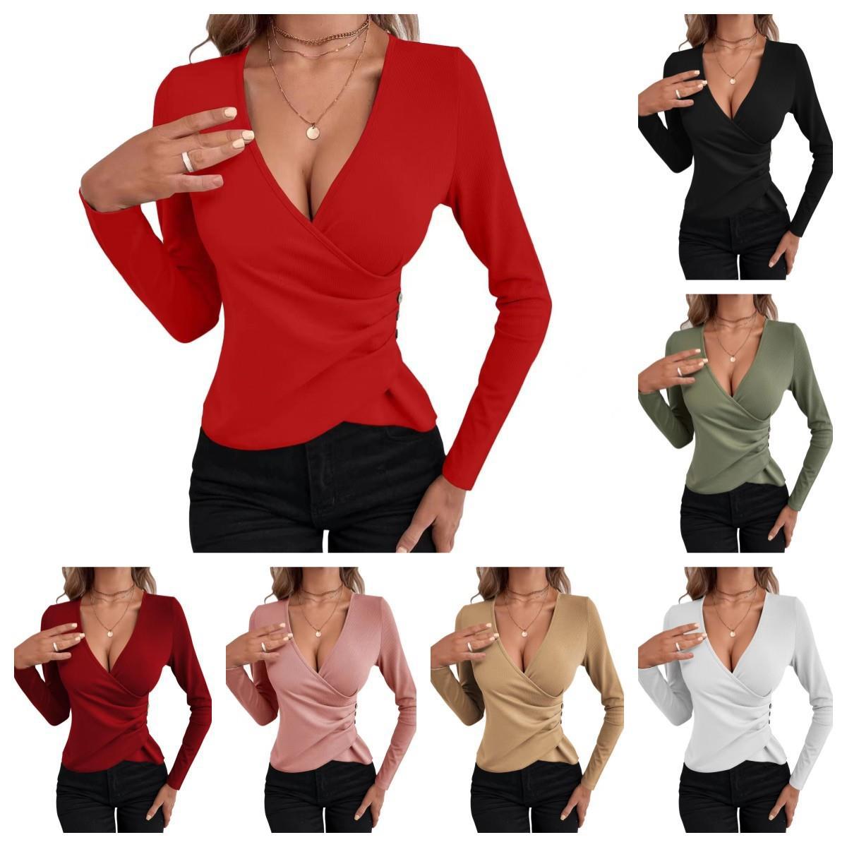 V-Neck Asymmetric Three-Button Slim Fit Solid T-Shirt