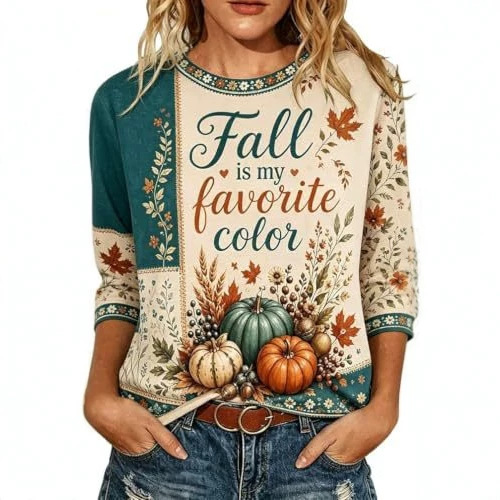 Pumpkin Floral Maple Leaf Letter Print Long Sleeve Women's Top