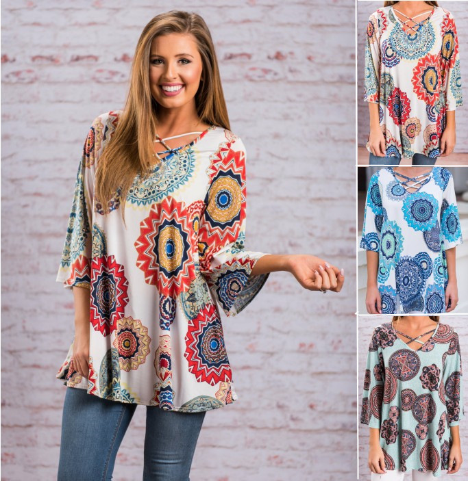 Women's Loose V-Neck Cross Print T-Shirt Top