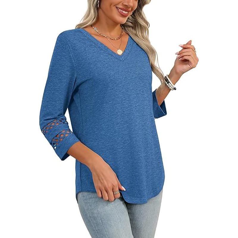 Women's Solid Loose V-Neck Hollow Out Casual Top