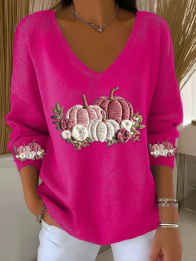 Pumpkin Print V-Neck Long Sleeve Women's Top