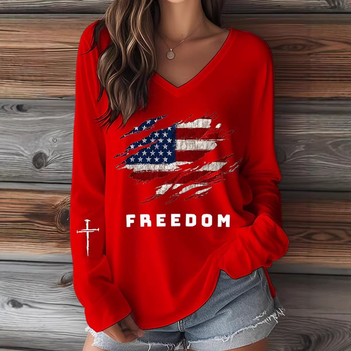 Cross Flag Freedom Print V-Neck Short Sleeve Women's T-Shirt
