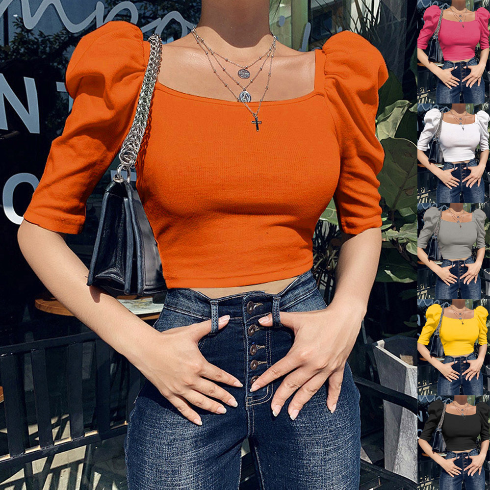 Women's Square Neck Puff Sleeve Short Sleeve Top