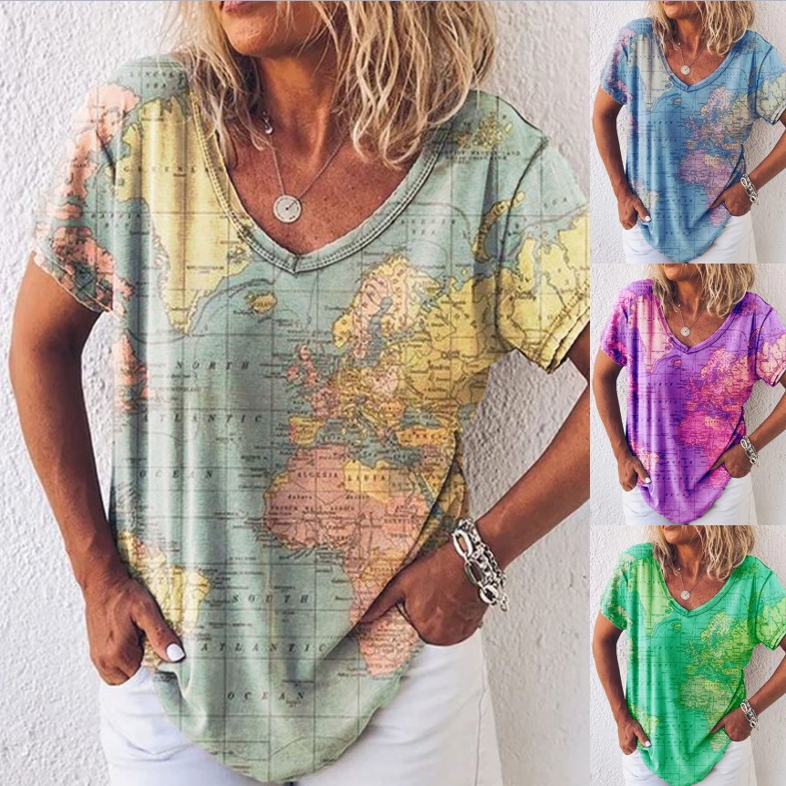Map Print V-Neck Short Sleeve Women's T-Shirt
