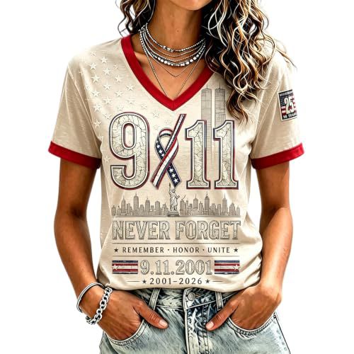 Twin Towers Anniversary Print V-Neck Short Sleeve Women's T-Shirt