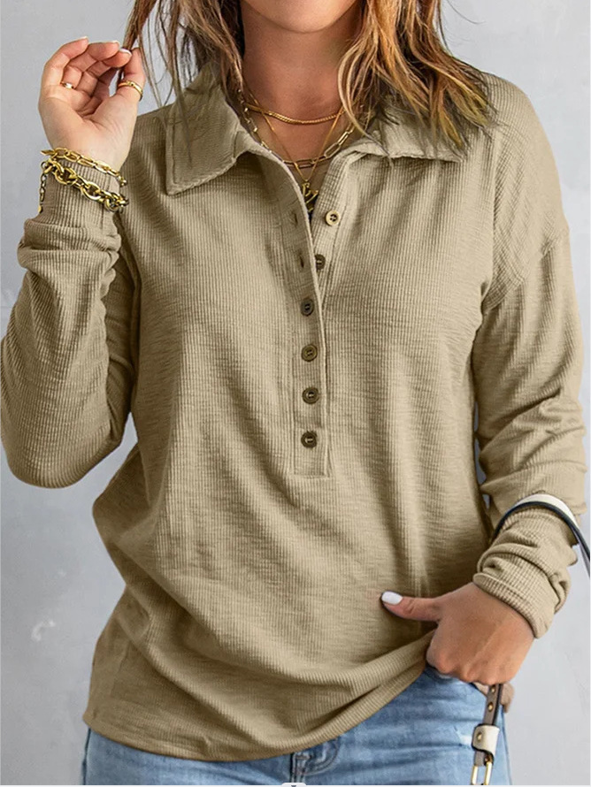 Women's Solid Ribbed Knit Single-Breasted Lapel Long-Sleeve Loose Casual Top