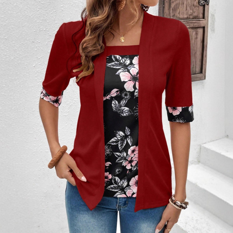 Faux Two-Piece Colorblock Short Sleeve T-Shirt Loose Fit Square Neck