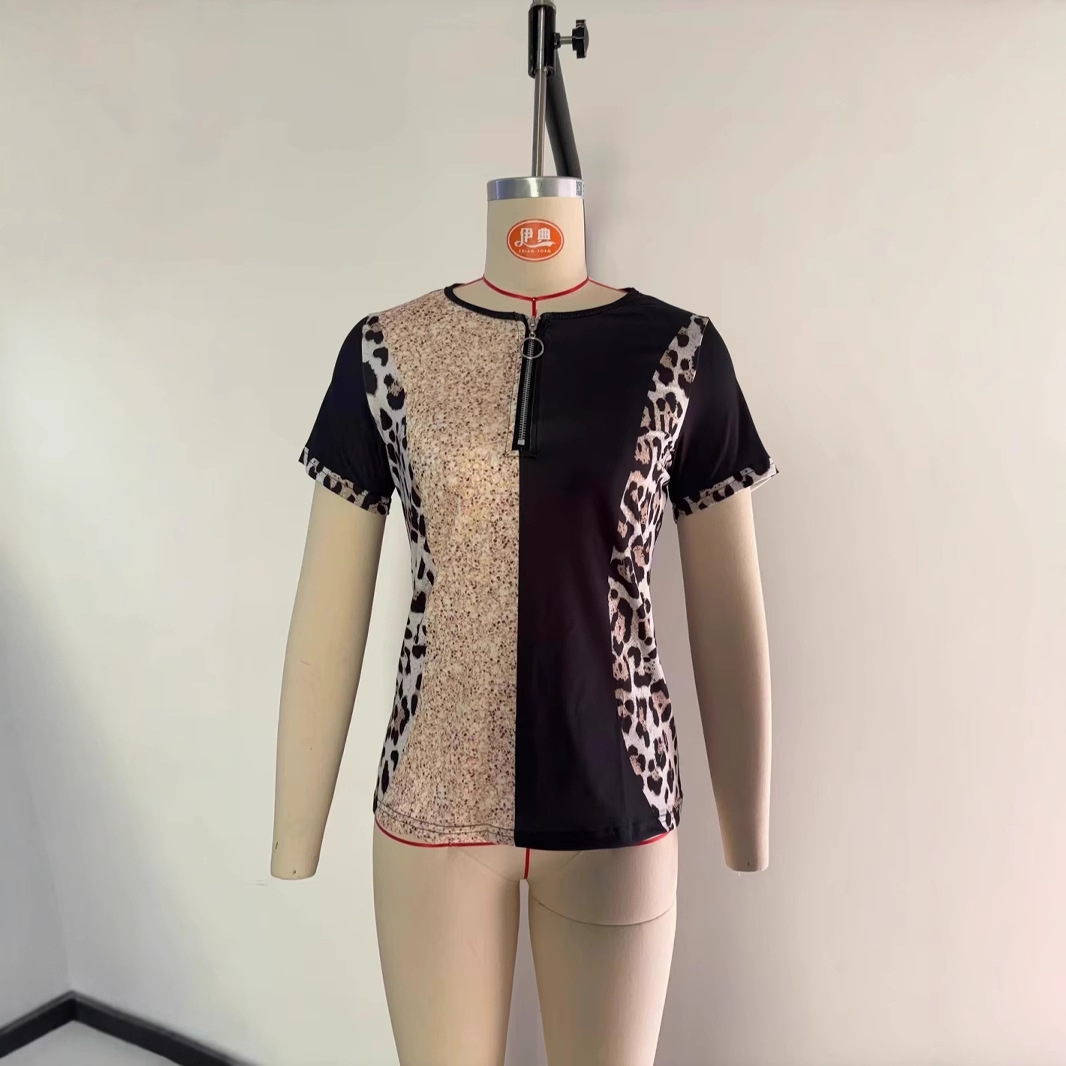 Women's Colorblock Print Zip-Up V-Neck Short Sleeve Top