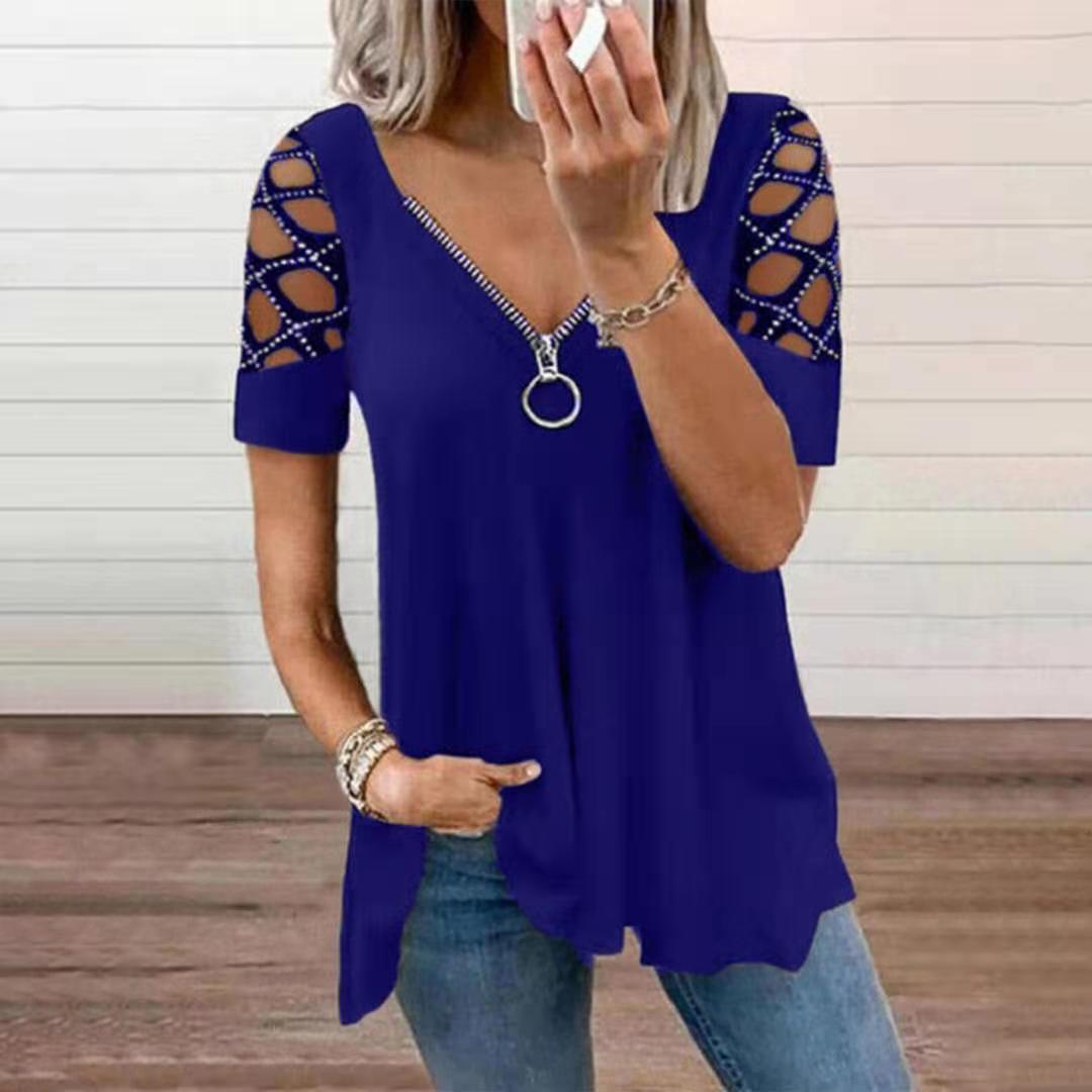 V-Neck Hollow-Out Short Sleeve Rhinestone Top