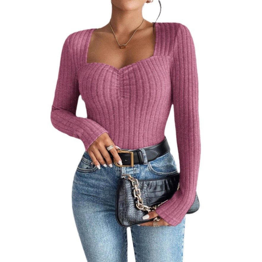 Women's Front Ruched Slim Fit Knit Long Sleeve Top