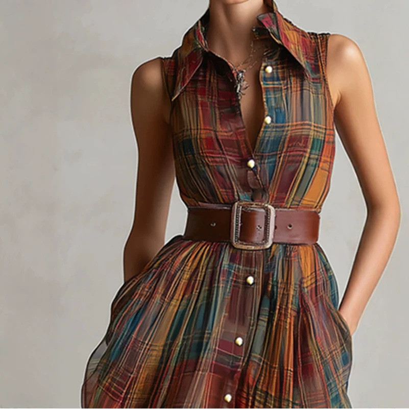 Retro Red-Brown Plaid Chiffon Sleeveless Maxi Dress