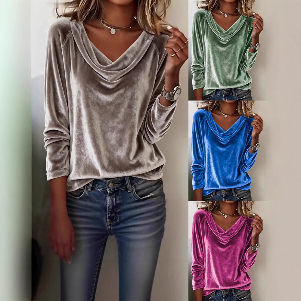 Women's Casual Cowl Neck Long Sleeve Loose Solid Color T-Shirt