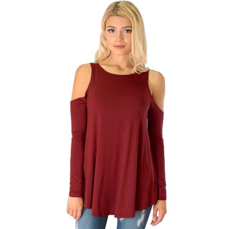 Women's Off-Shoulder Long-Sleeve Solid Color Loose Fit T-Shirt Plus Size