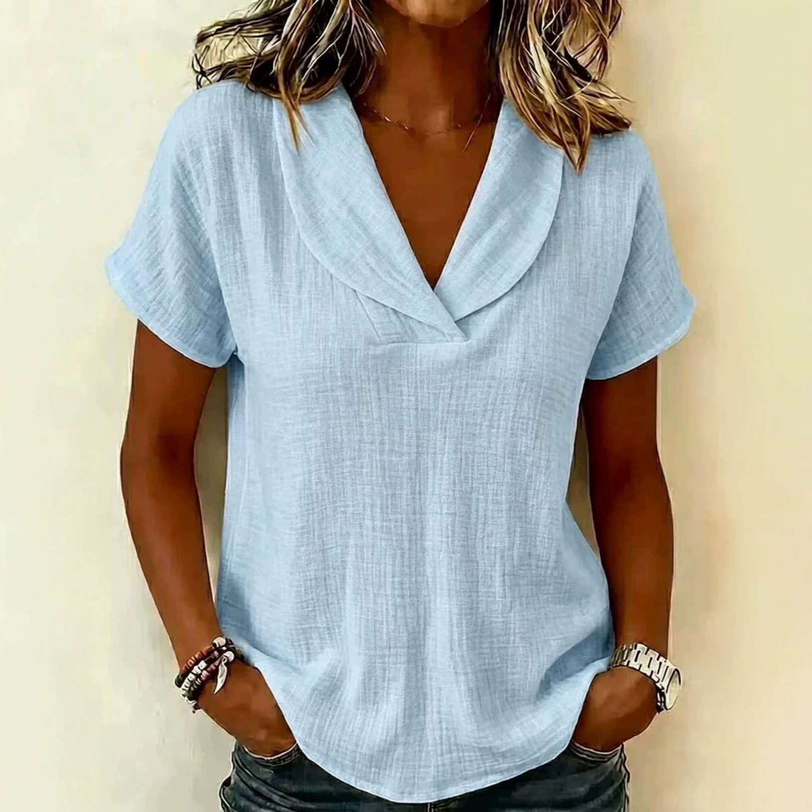Women's Summer Knit Short Sleeve Top Linen Doll Collar Casual