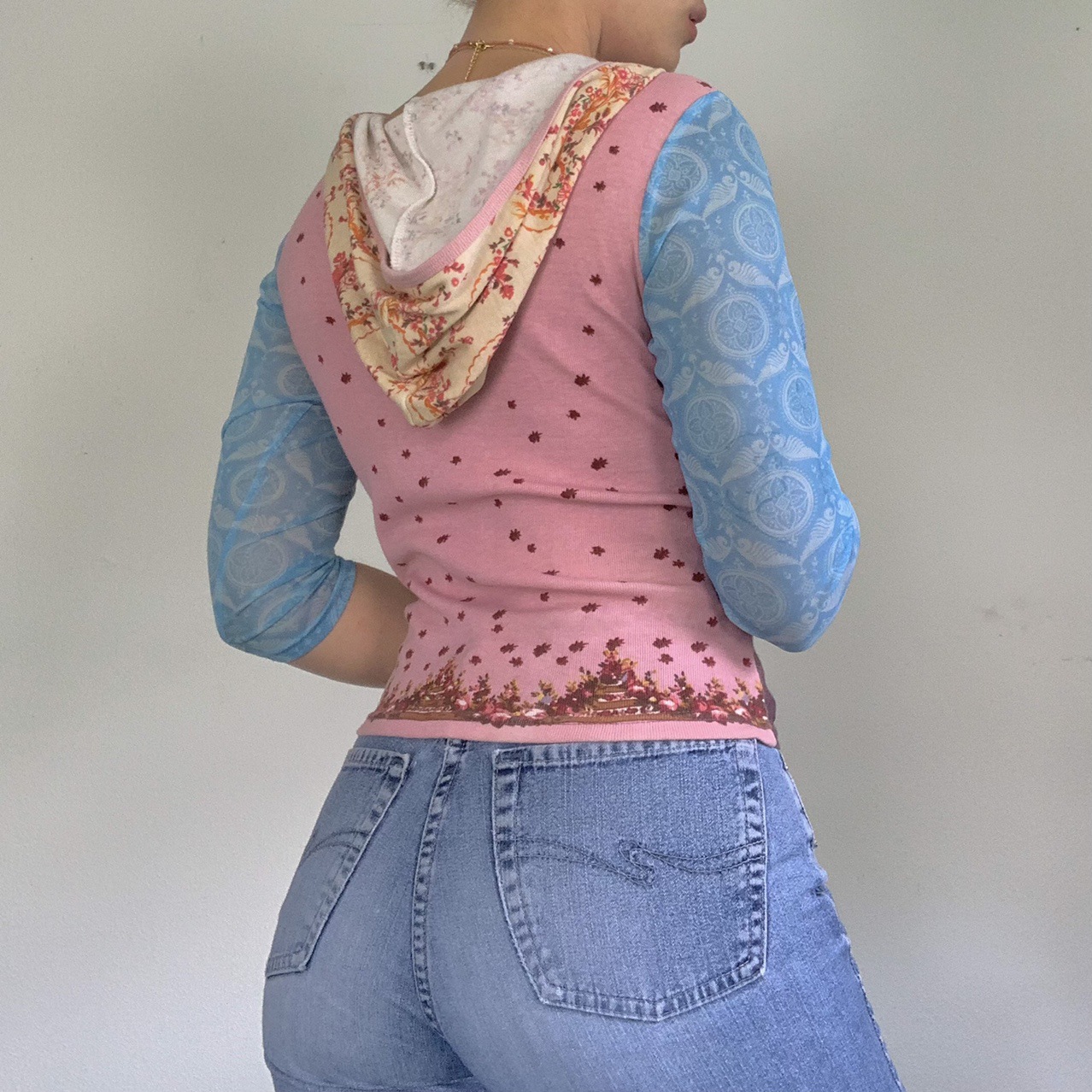 Abstract Mesh Print Sheer Long-Sleeve Crewneck Top