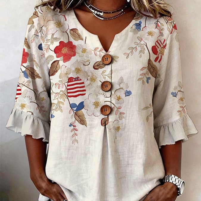 Women's Summer Floral Print Short Sleeve Button-Up Top