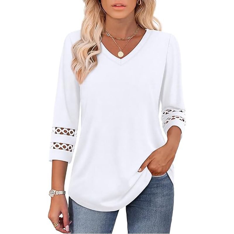 Women's Solid Loose V-Neck Hollow Out Casual Top