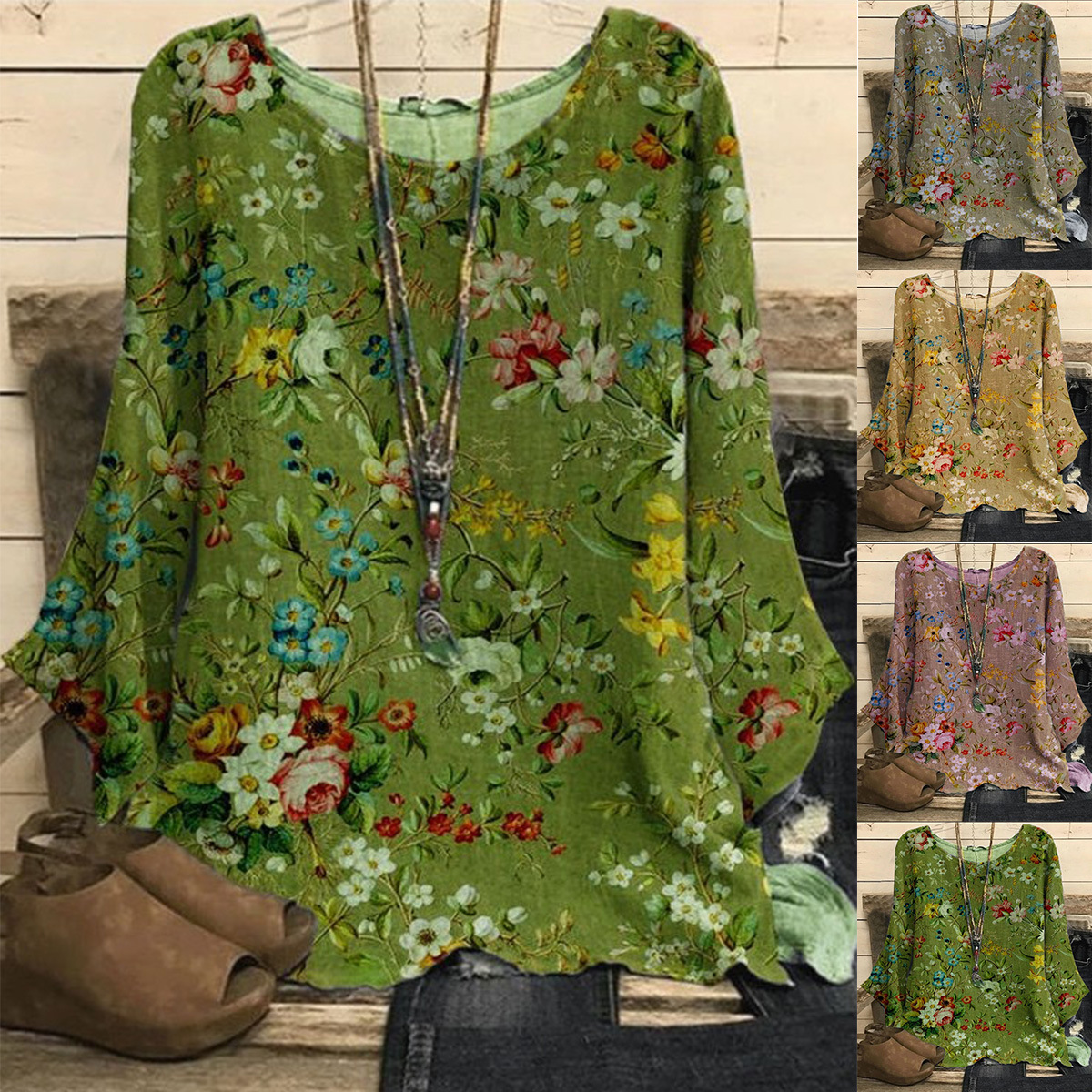 Women's Cotton-Linen Print Round Neck Loose Vintage Top