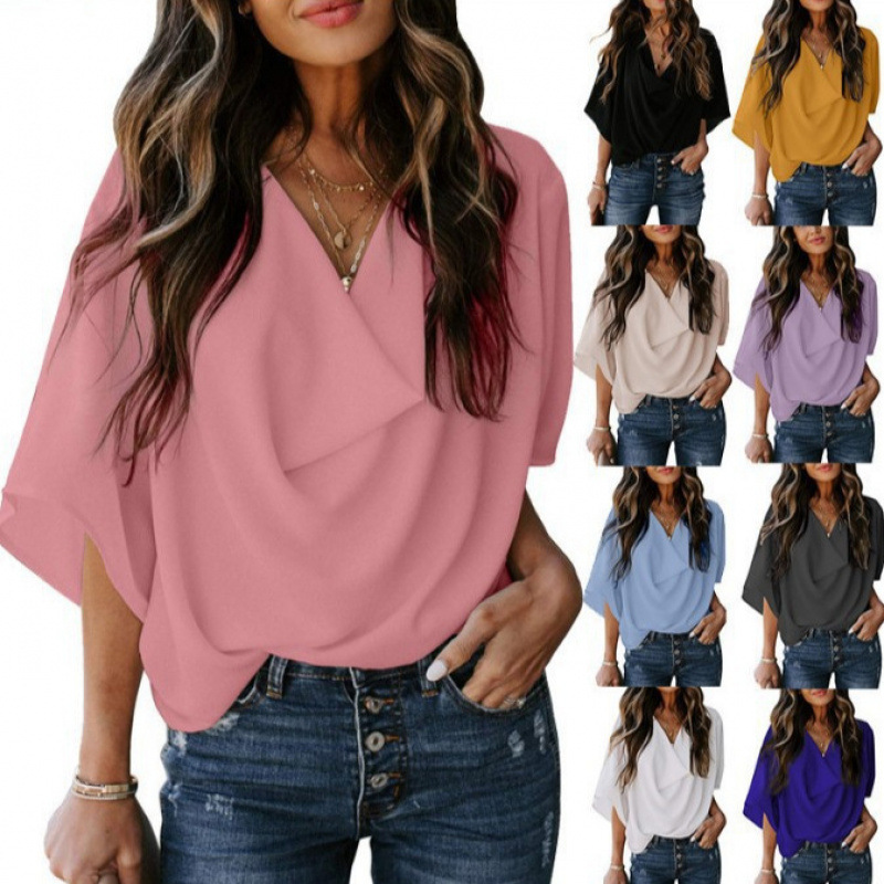 Women's Summer Chiffon V-Neck Loose Short Sleeve Top