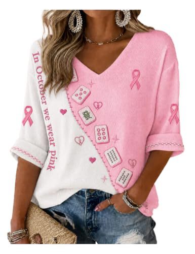 Ribbon Floral Mahjong Print V-Neck Mid-Sleeve T-Shirt