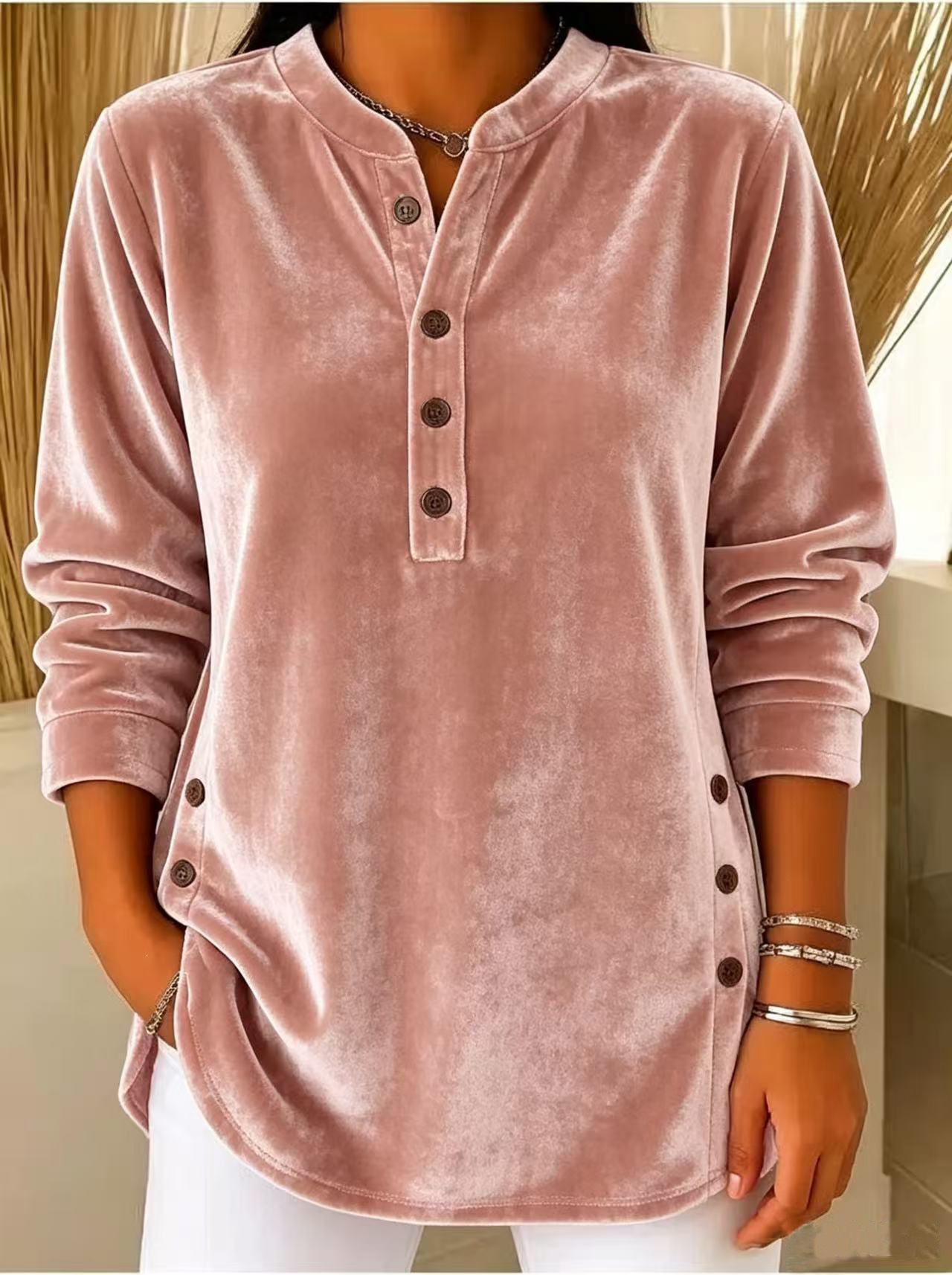 Women's Velvet V-Neck Button Long-Sleeve Loose Fit T-Shirt