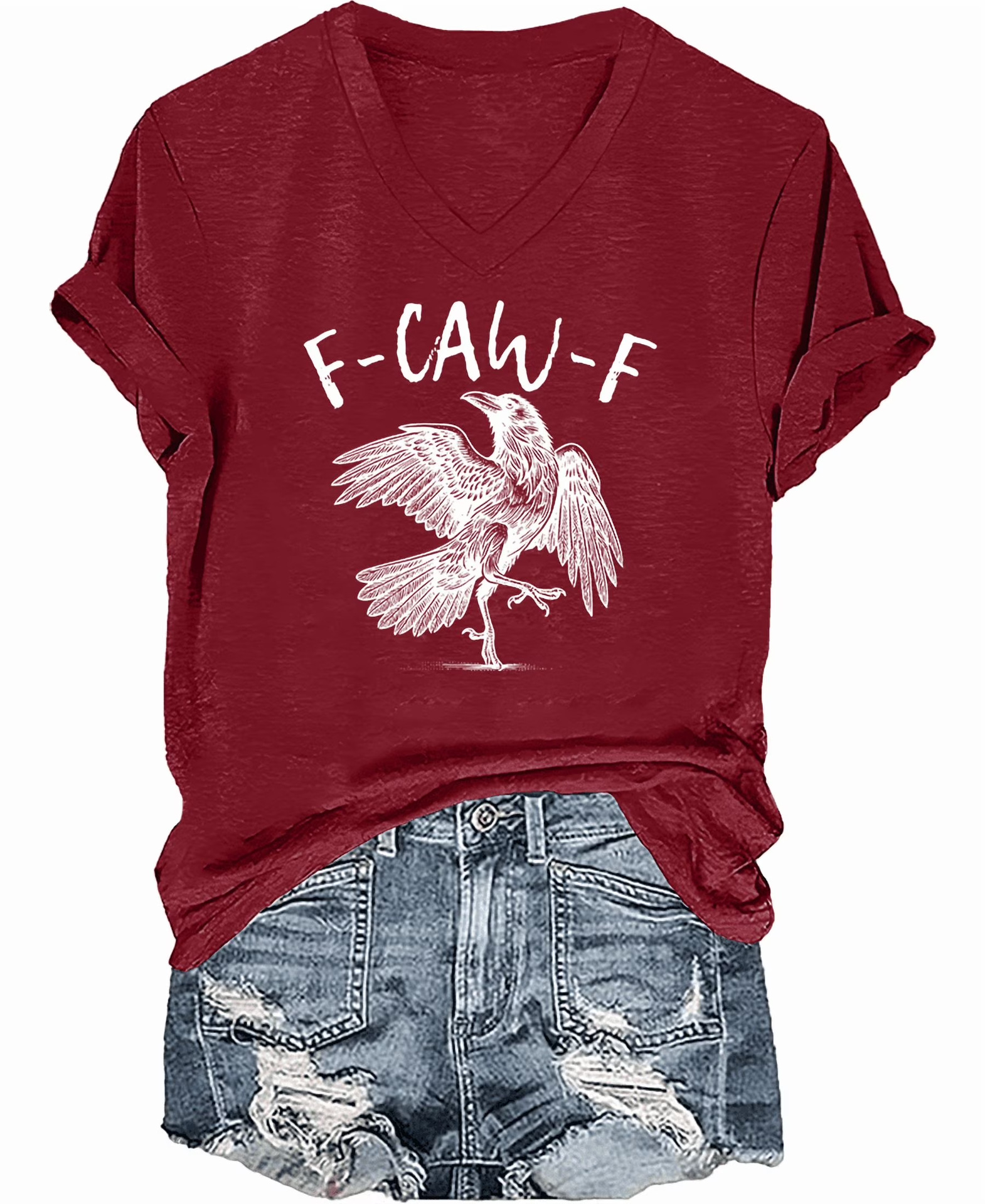 Flying Raven Graphic V-Neck Short Sleeve T-Shirt for Women