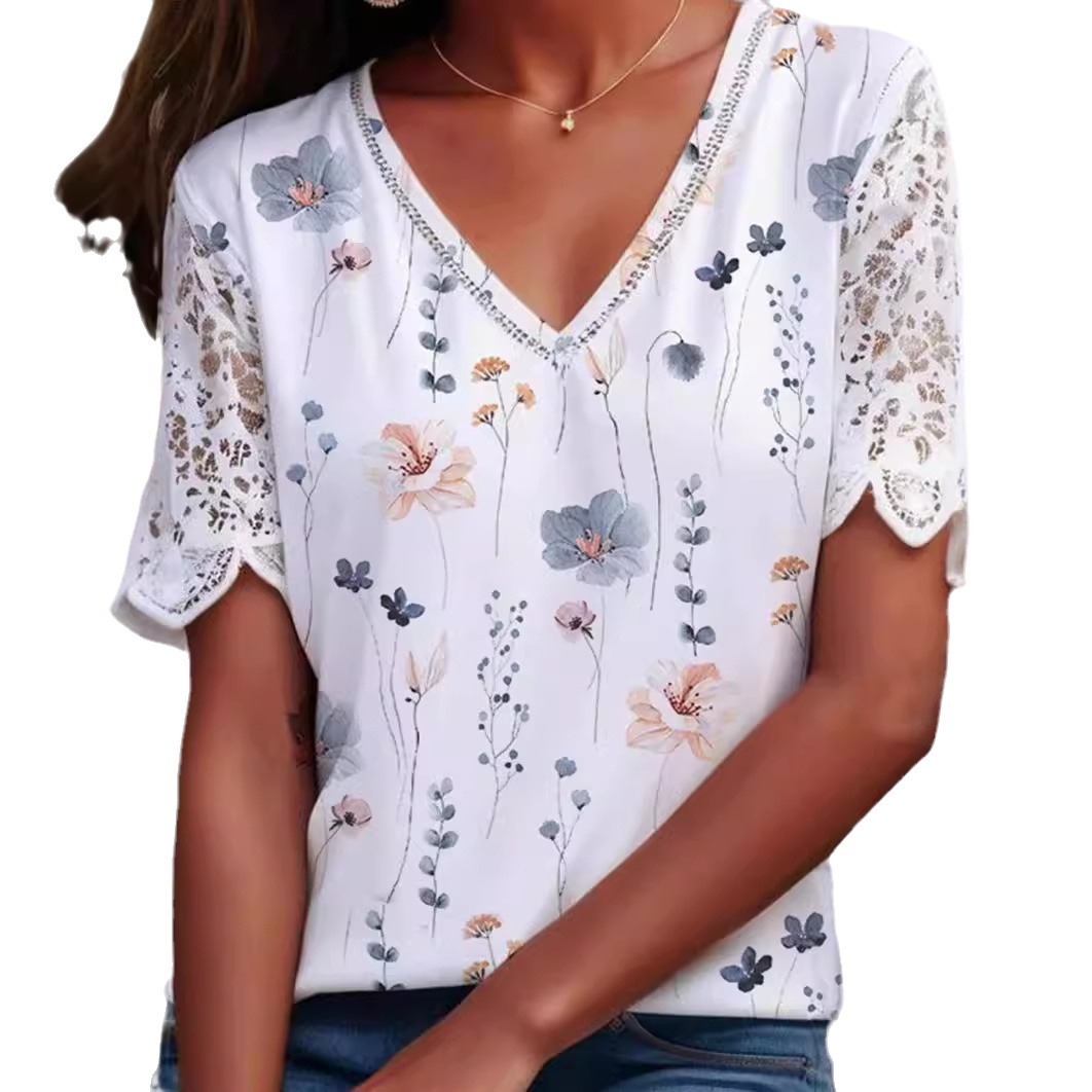Floral Print V-Neck Lace Short Sleeve Top