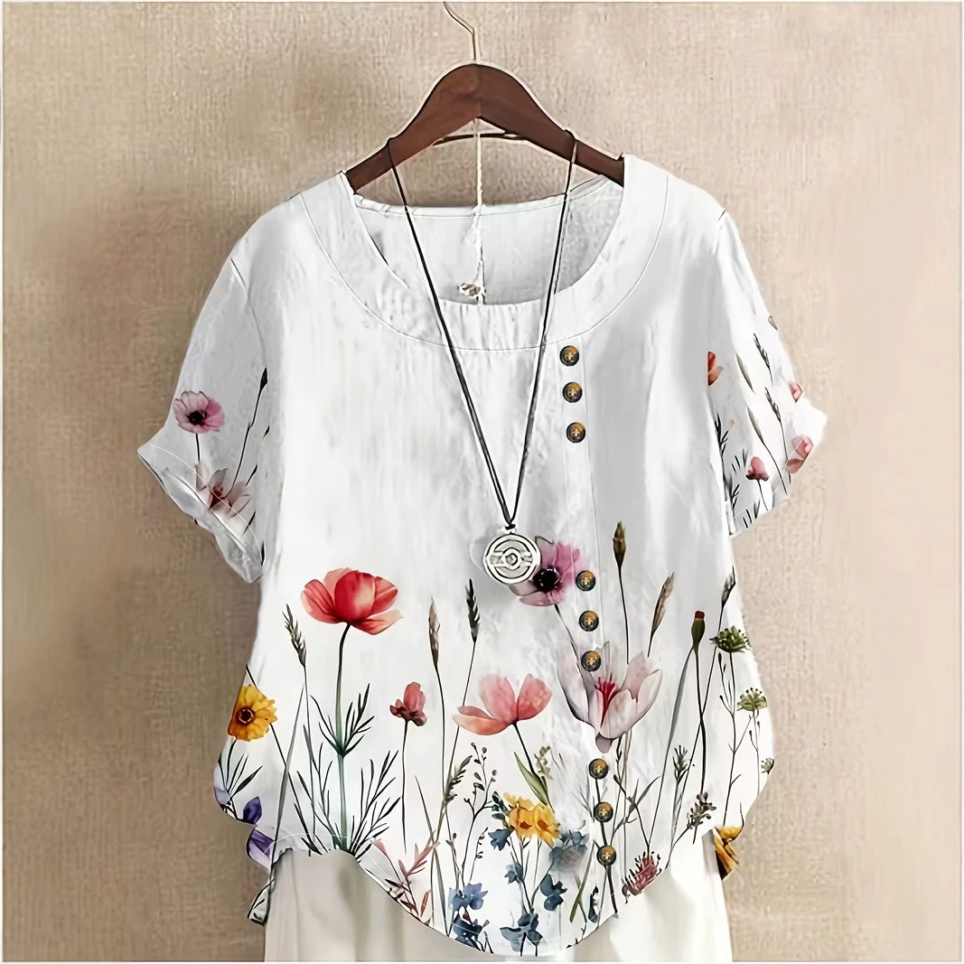 Women's Summer Novelty Print Crewneck Short Sleeve Button Top