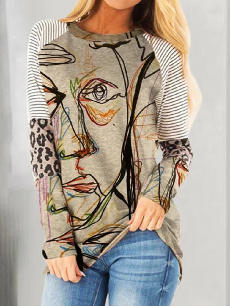 Digital Portrait Print Loose Long Sleeve Top