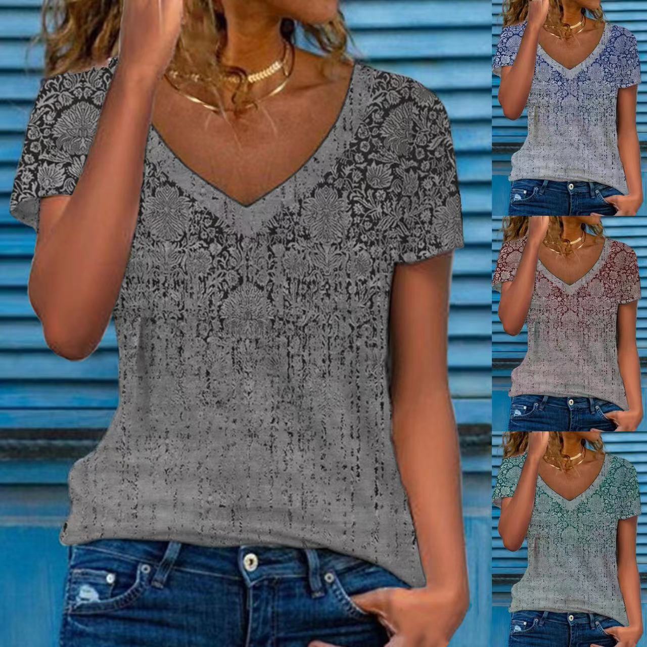 Women's Floral Print Short Sleeve V-Neck Loose Top