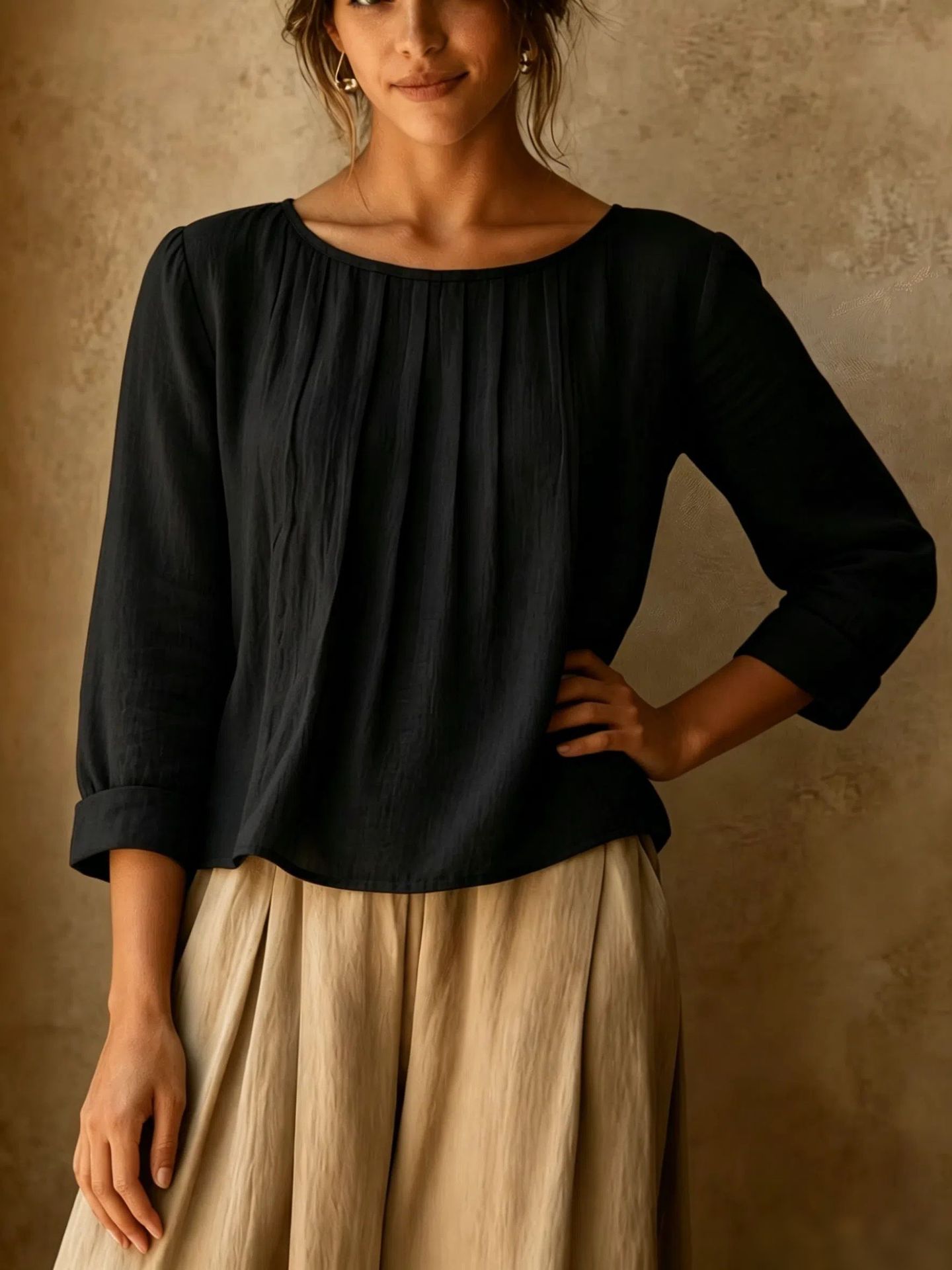 2026 New Cross-Border Summer Women's Cotton-Linen Top Loose Slimming Pleated Round Neck Eight-Sleeve Shirt Solid Color Casual